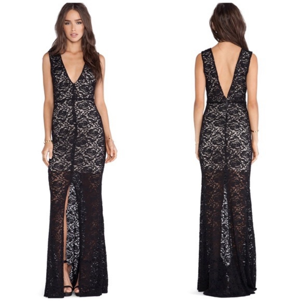Alice + Olivia Black Mia Formal Dress Lace V-neck open back front slit maxi gown